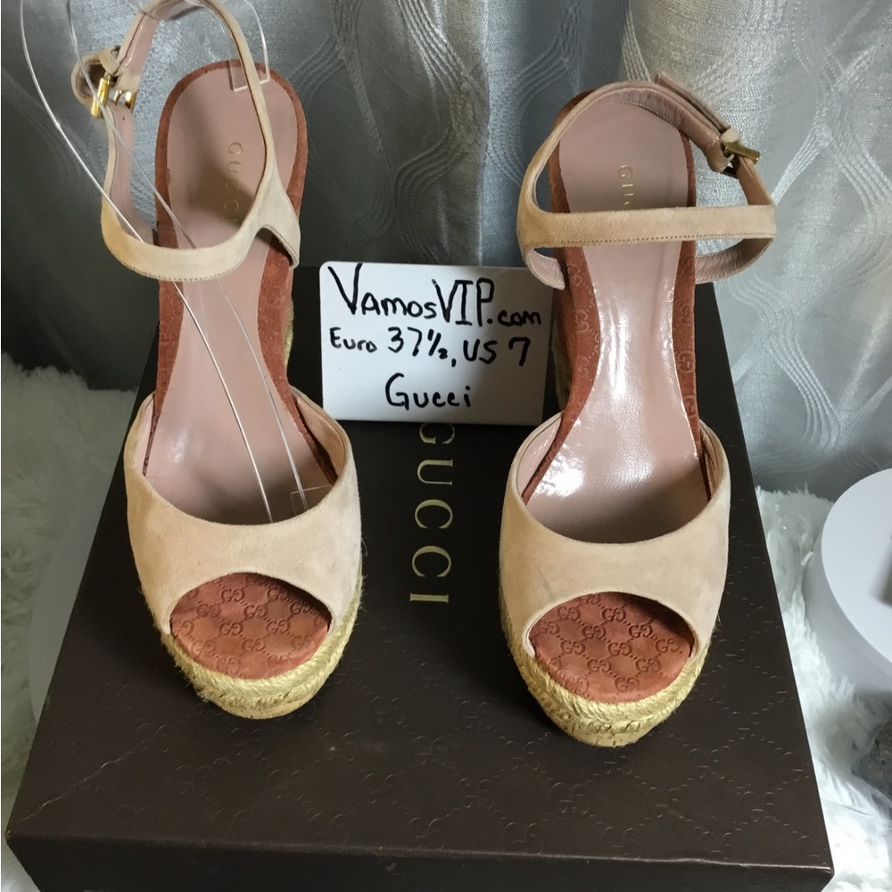Gucci Beige Suede Espadrille Wedge Sandals